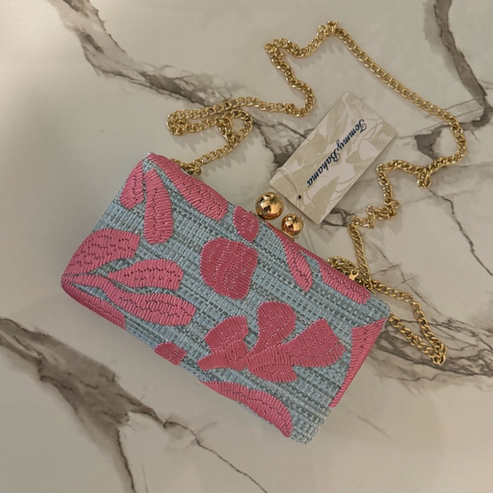Tommy Bahama Clutch Crossbody Bag Raffia Straw Embroider Blue Pink Resort Summer
